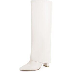 Women White Pu Leather Fold Over Knee High Dress Tall Chunky High Heel Long Boot